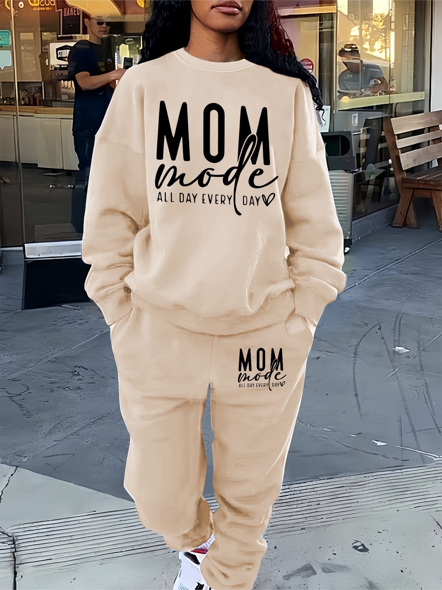 Letter Print Two Piece Set, Crew Neck Sweatshirt & Pants Outfits For Winter & Fall, Women's Clothing